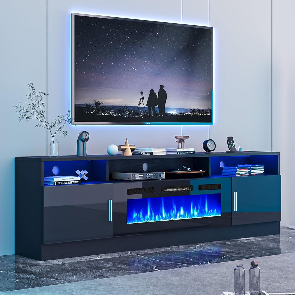 oneinmil 70" Fireplace TV Stand with Power Outlet for TVs Up to 80", Electric Fireplace Entertainment Center with LED Lights & Storage Cabinets