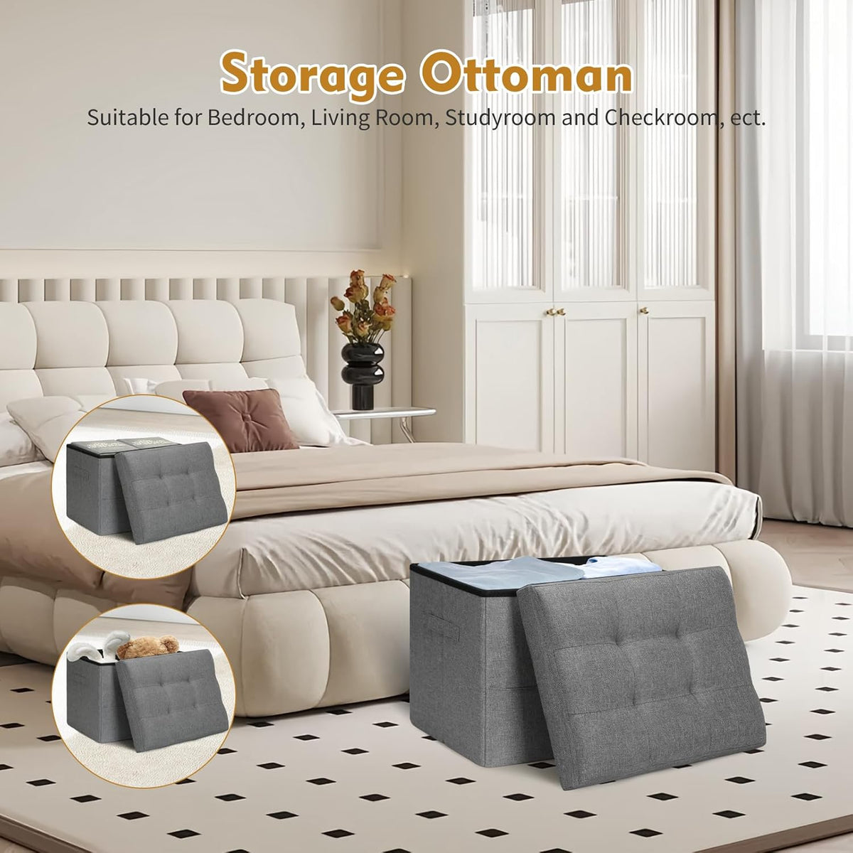 Storage Ottoman with Extra Thick Foam Padded Seat, Foldable Foot Rest Stool with Linen Fabric, 43L Ottoman with Storage Bench for Bedroom Living