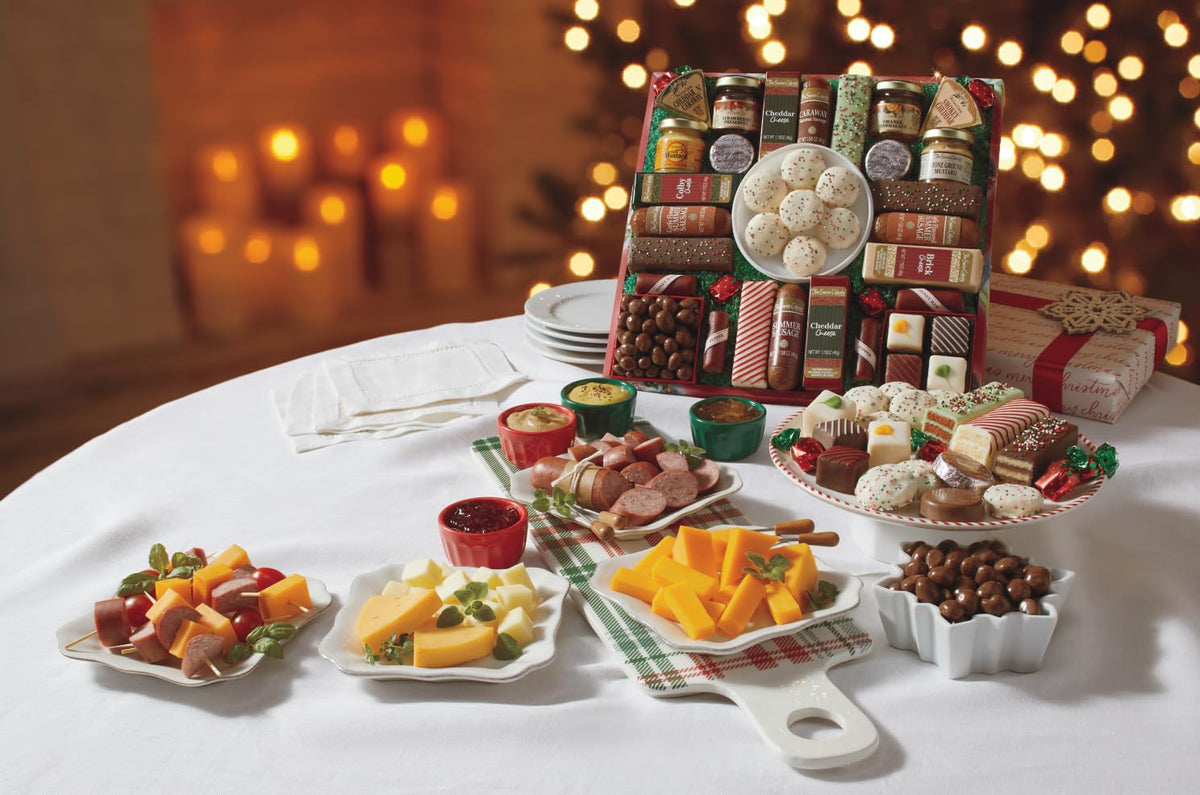 The Swiss Colony 27 Favorites Food Gift Set, Summer Sausage Meats and Cheeses, Assorted Chocolates, Candies, Petits Fours, Cheese & Charcuterie Board