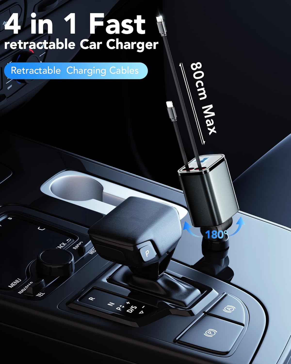 Retractable Car Charger Adapter for iPhone 17,4 in 1 Fast Charging Car Phone Charger,69W USB C Car Truck Accessories,Road Trip Essentials Gift for