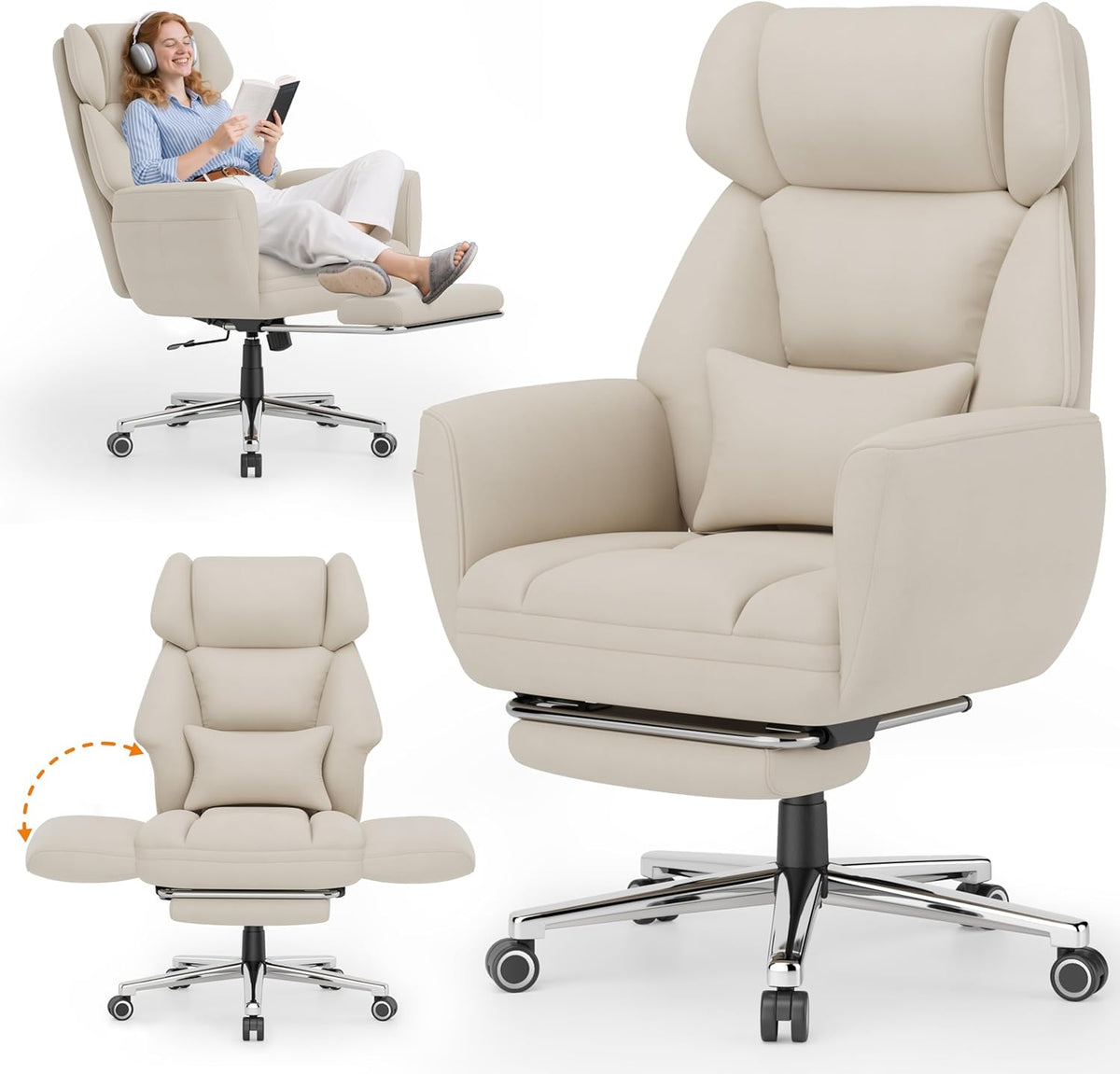 GABRYLLY Office Criss Cross Chair with Footrest, Big and Tall Executive Chair with Wide Seat,Reversible Armrest,Wheels, Lumbar Pillow and