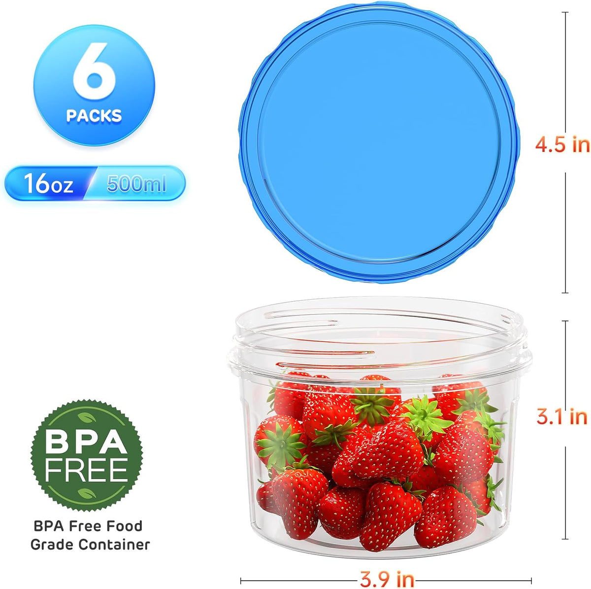Freezer Storage Containers, [6 Pack-16 Oz] Airtight Plastic Food Storage Containers with Twist Top Lids, Soup, Meal Prep Containers | BPA Free
