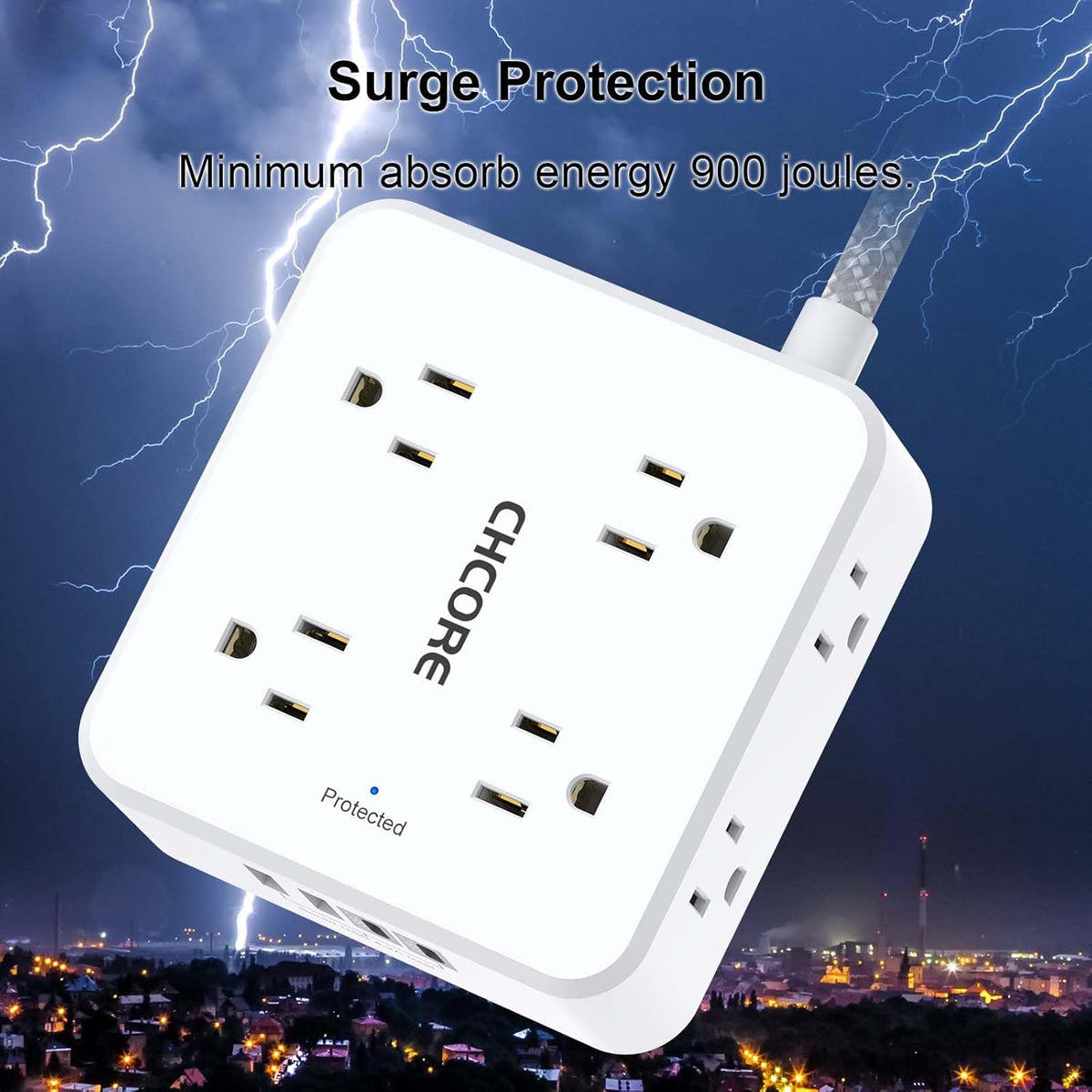 Surge Protector Power Strip - CHCORE 5Ft Braided Extension Cord with 8 Outlets with 4 USB (2 USB C) Charging Ports, Flat Plug Multi Plug Outlet