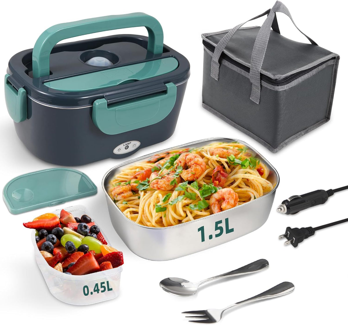 Electric Lunch Box Food Heater, 80W Portable Warmer for Car Truck Work with 304 Stainless Steel Container, 12V/24V/110V Green Heated Lunch Box
