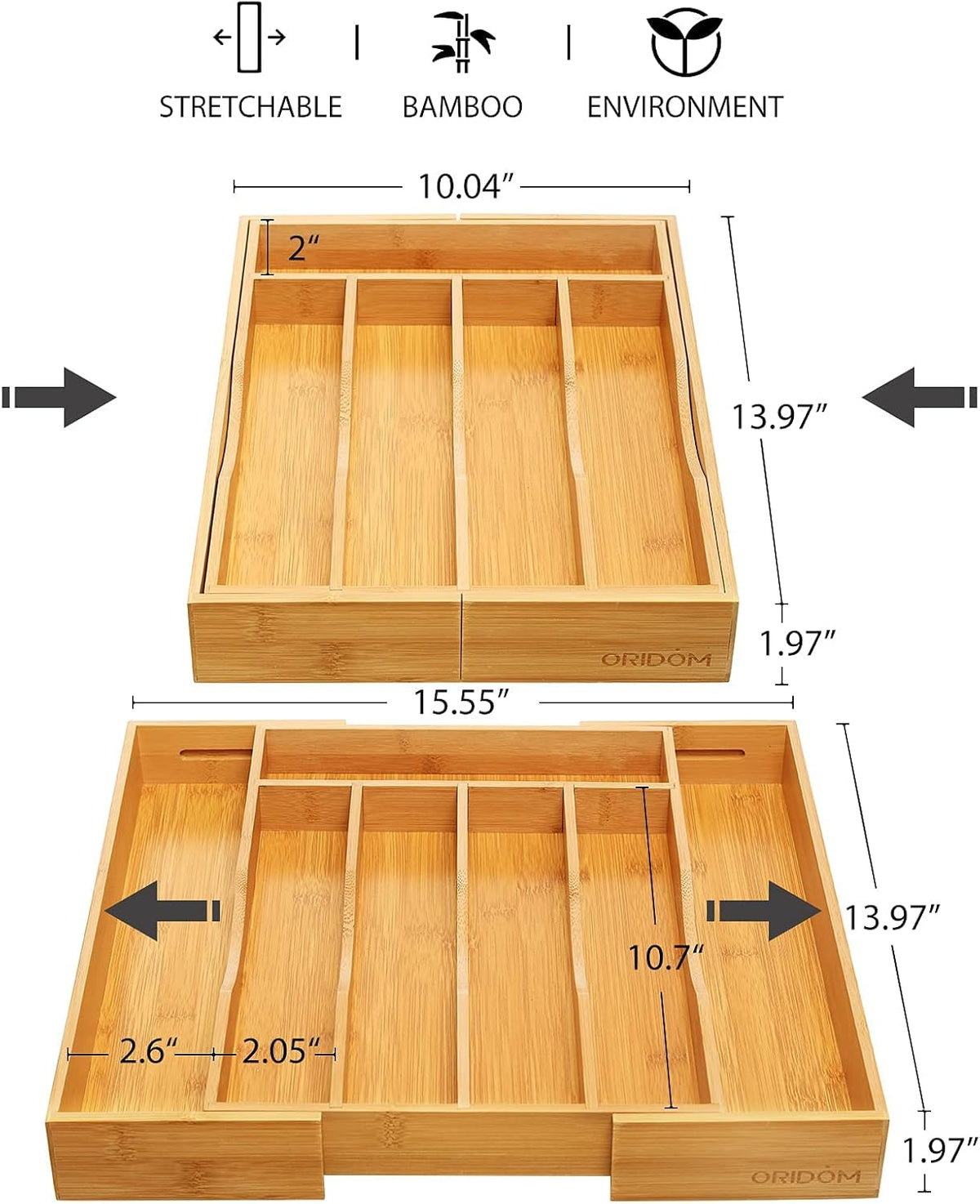 Expandable Bamboo Kitchen Drawer Organizer for Cutlery and Utensils, Adjustable Bamboo Wood Cutlery Tray in Drawer for Flatware and Silverware in