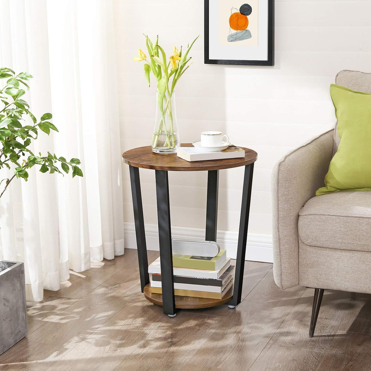 VASAGLE Round Side End Table, 2-Tier Accent Bedside Table with Storage Shelf, Easy Assembly, Nightstand for Small Spaces, Living Room, Bedroom