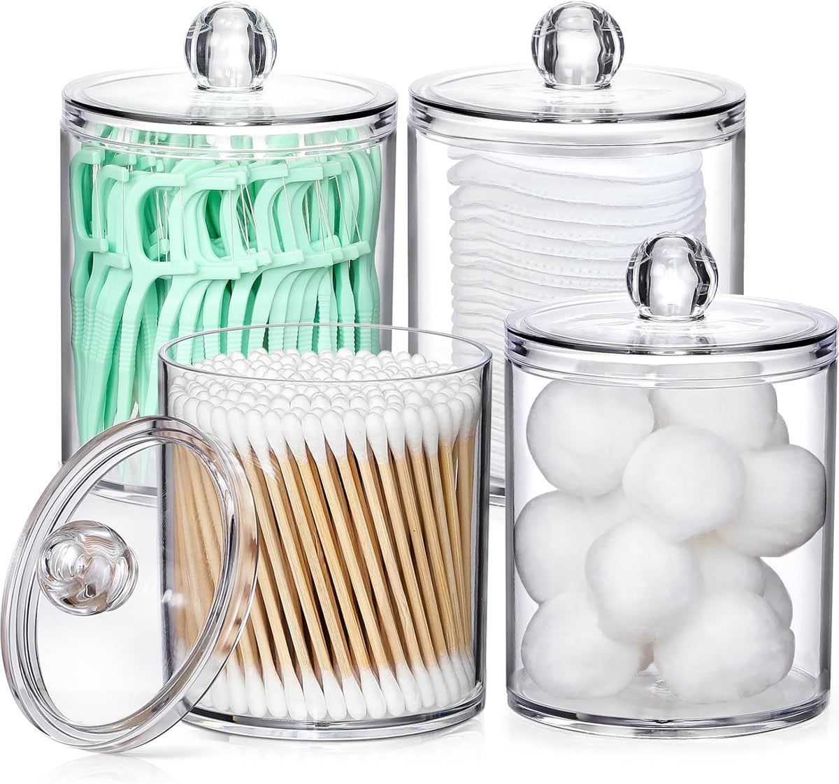 4 Pack Acrylic Qtip Holder Dispenser for Cotton Swabs, Balls, Pads, Floss Picks- Small Clear Plastic Canister Apothecary Jar Set, Bathroom Essentials