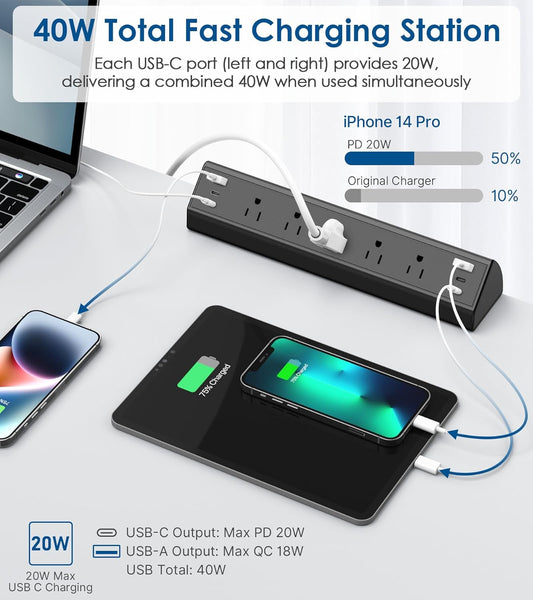 Jgstkcity Desk Clamp Power Strip USB C,40W Total Fast Charging Station,4 PD 20W USB C Ports,Desk Edge Mount Surge Protector,5 Outlets,Fit 1.96"