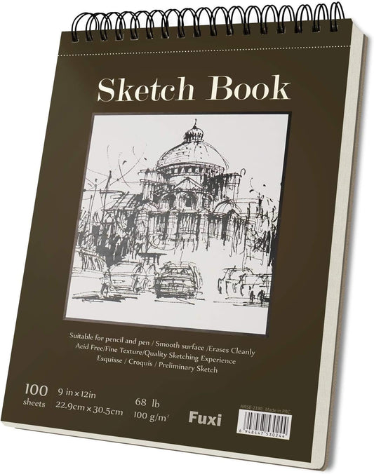 Fuxi 9" x 12" Sketch Book, Top Spiral Bound Sketch Pad, 100 Sheets 68lb/100gsm Acid-Free Drawing Paper, Art Sketchbook for Drawing Pad for Kids