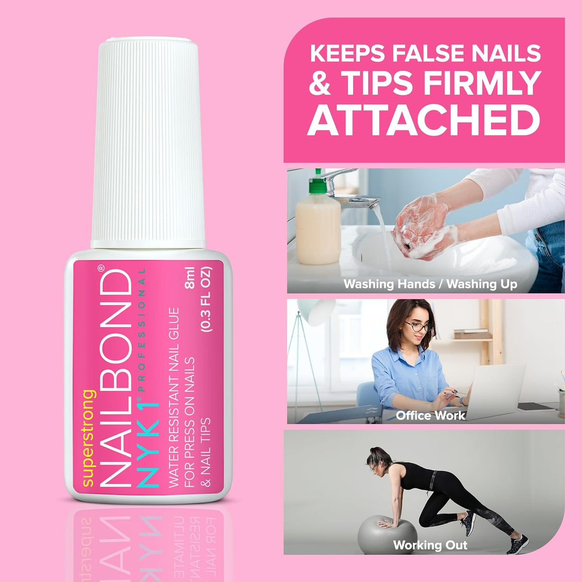 Super Strong Nail Glue for Press On Nails, Nail Tips & Acrylic Nails (8ml) NYK1 NailBond Brush On Glue for Press Ons, Tips & Acrylics - Long Lasting