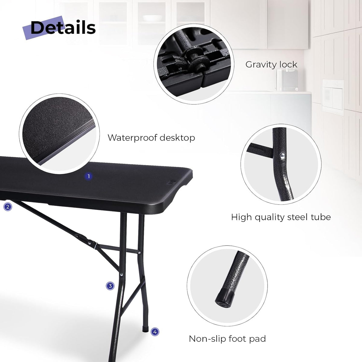 Folding Table 6ft Portable Heavy Duty Plastic Fold-in-Half 6 Foot Foldable Table Utility Dining Indoor Outdoor with Carrying Handle for Camping