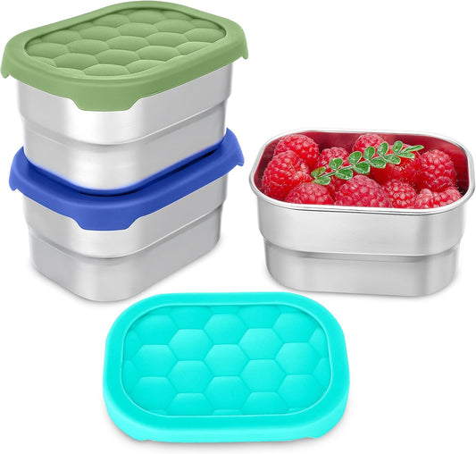 3 Pack Stainless Steel Snack Containers for Kids, 8 oz Easy Open Leak Proof Small Toddler Snack Containers with Silicone Lids, Stackable Metal Lunch