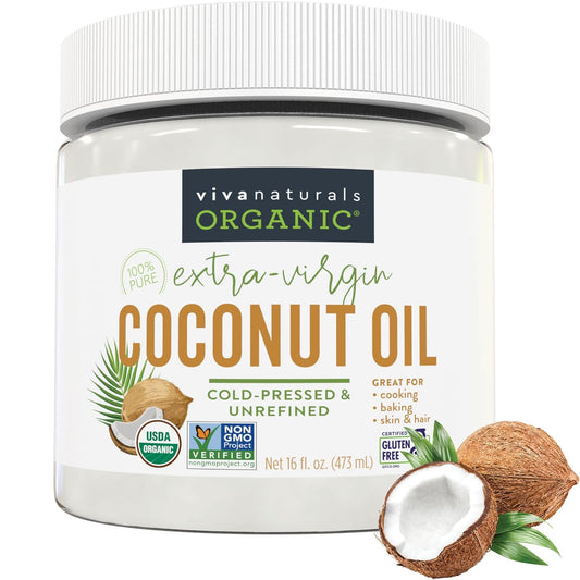 Viva Naturals Organic Coconut Oil, 16 fl oz – Unrefined, Cold-Pressed Extra Virgin Coconut Oil, USDA Organic & Non-GMO, Natural Cooking Oil, Hair Oil