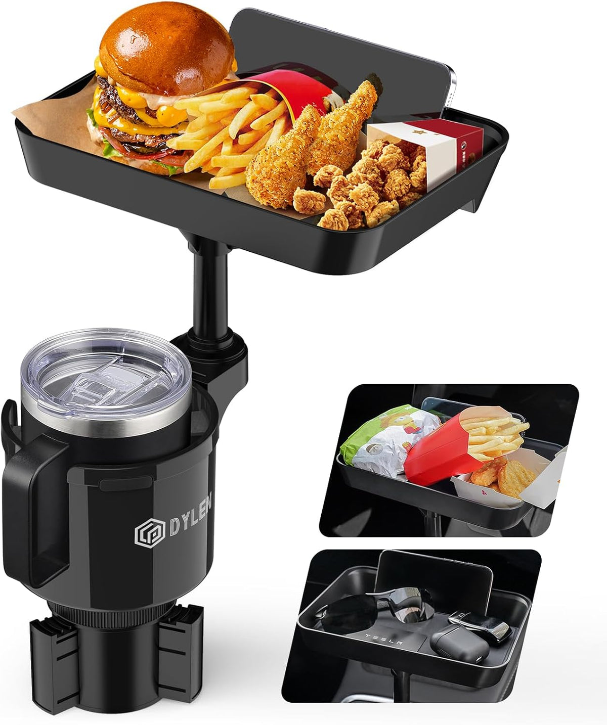DYLEN Car Cup Holder Tray, Cup Holder Expander Adapter for Car, 9.5” Detachable Car Food Tray Table for Eating, Road Trip Essentials Fits Yeti, Hydro