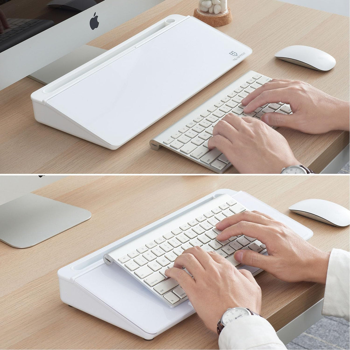 TSJ OFFICE Small Desktop Whiteboard -Glass Dry Erase Board Computer Keyboard Stand White Board Surface Pad with Drawer, Desk Organizers with