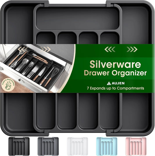 Aujen Silverware Organizer - Expandable Kitchen Drawer Organizer, Adjustable Utensil Organizer, Cutlery Tray for Forks, Knives, Multipurpose Kitchen