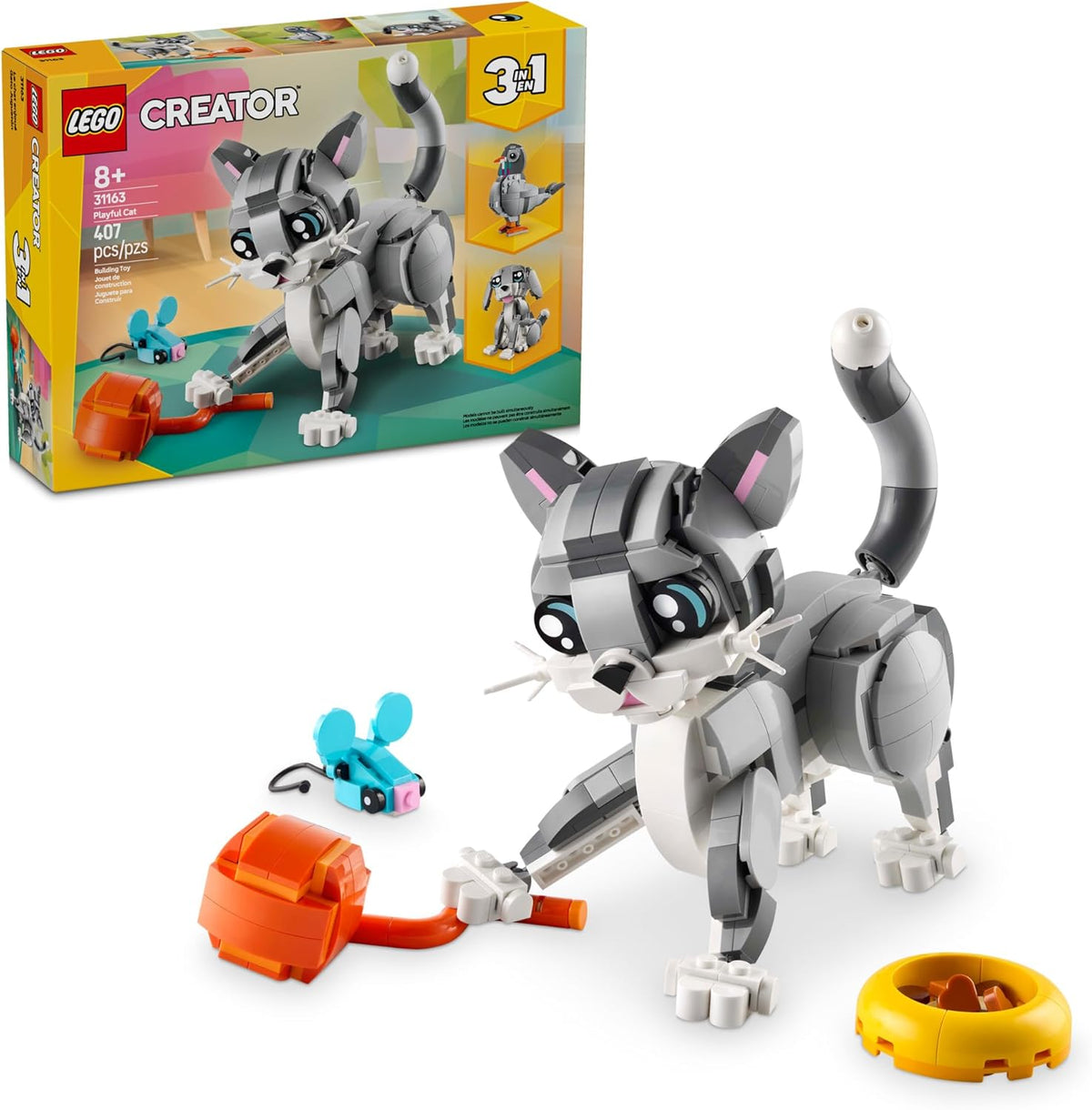 LEGO Creator 3 in 1 Playful Cat Toy - Building Toy with 3 Building Options, Cat, Dog, or Pigeon - Birthday Gift for Kids - Animal Figures for Kids