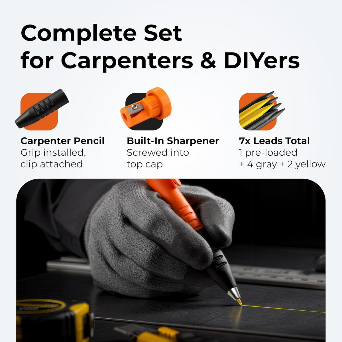 THORVALD New 3-in-1 Carpenter Pencils with Finger Grip for Construction - Incl. 7 Leads + Sharpener - Solid Mechanical Pencils with Fine Point/Best