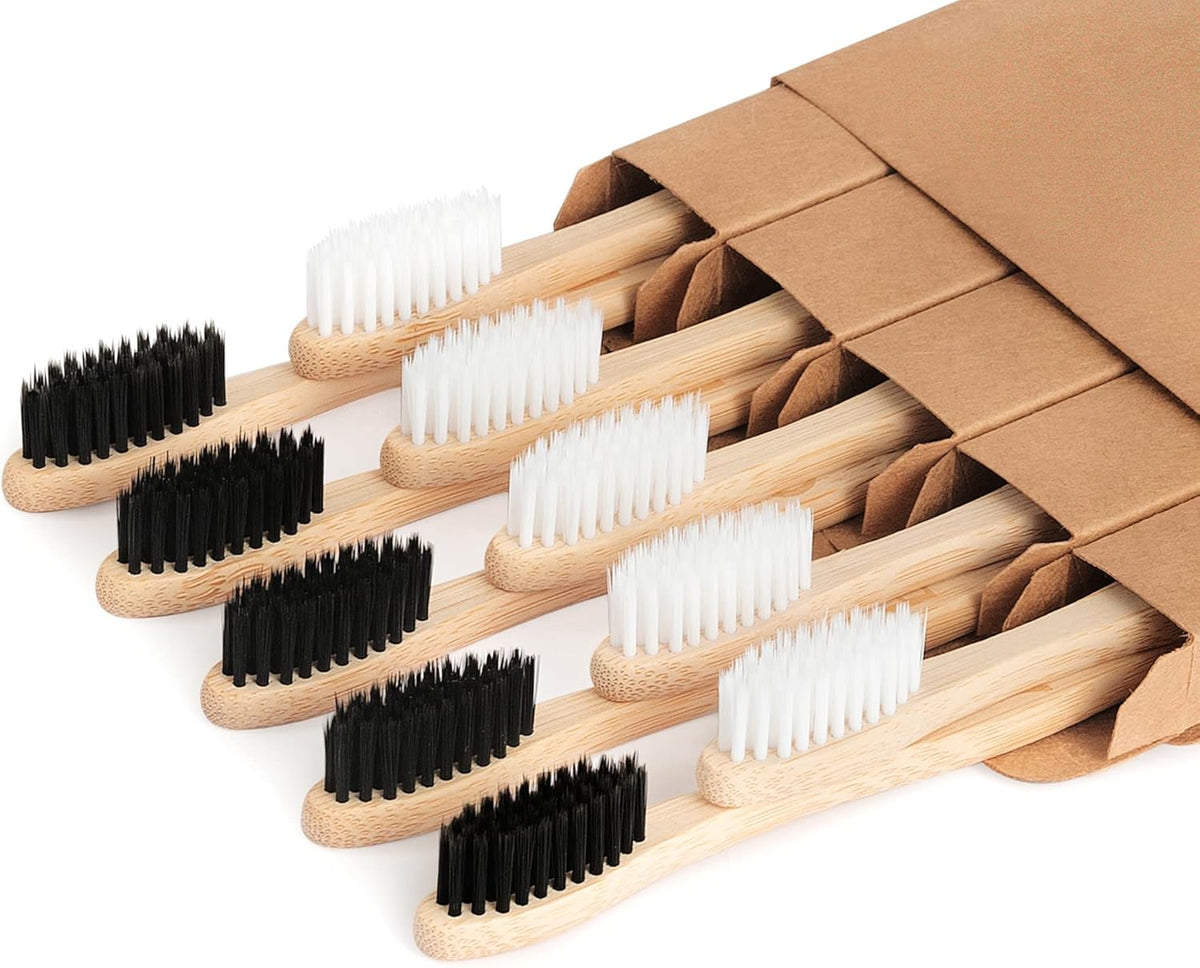 Bamboo Toothbrushes Biodegradable Toothbrush 10 Pack - Eco-Friendly, Natural Wooden Tooth Brush, BPA Free Travel Size Organic Soft Bristle