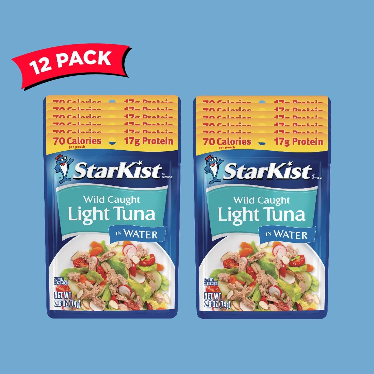 StarKist Chunk Light Tuna in Water, 2.6 oz Pouch (12 Pack) Ready to Eat Wild Caught Tuna, 17g Protein, 70 Calories Per Serving, Gluten Free, Soy