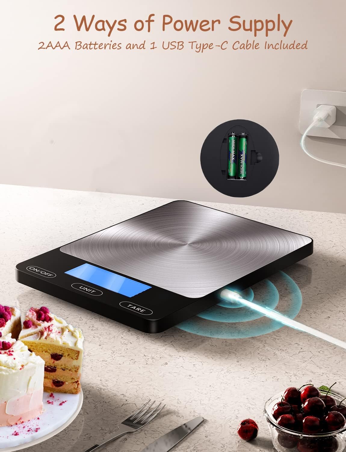 Food Scale -33lb Digital Kitchen Scale for Food Ounces Grams Rechargeable 304 Stainless Steel,Batteries and Type-C Charging | Perfect for Meal Prep