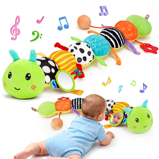 Baby Sensory Toy 0-6 Month Music Animal Stuffed Plush Caterpillar Toy for Infant 0-3-6-12 Month Old Tummy Time with Baby Mirror Crinkle Rattle