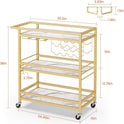 Leteuke Bar Cart for Home, 3 Tier Gold Serving Rolling Carts with Wheels, Drink Cart, Liquor Stand with Marbled Wooden Shelves, Wine Rack and Glass