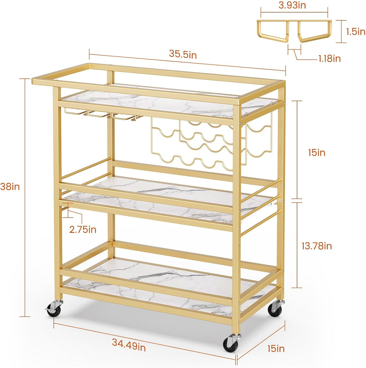 Leteuke Bar Cart for Home, 3 Tier Gold Serving Rolling Carts with Wheels, Drink Cart, Liquor Stand with Marbled Wooden Shelves, Wine Rack and Glass