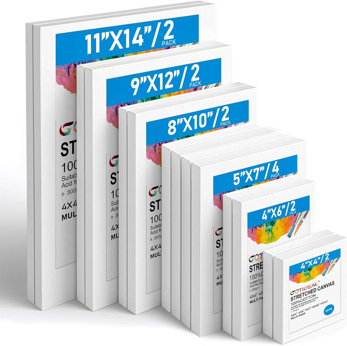 Gotideal Canvas for Painting, 14 Pcs Muti Pack Stretched Painting Canvas, Blank Paint Canvases for Acrylic, Oil, Art Supplies for Artists, Adults