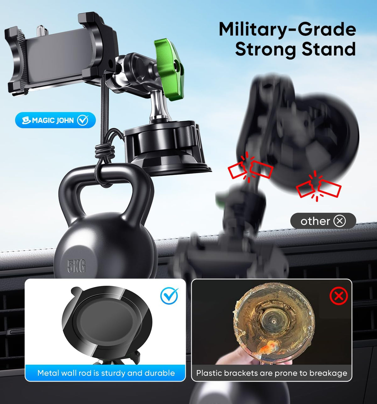 MAGIC JOHN Car Phone Holder, Ultra-Durable Mteal Phone Holders for Your Car, 360° Rotation Cell Phone Car Mount for Windshield, Suction Cup Car Phone