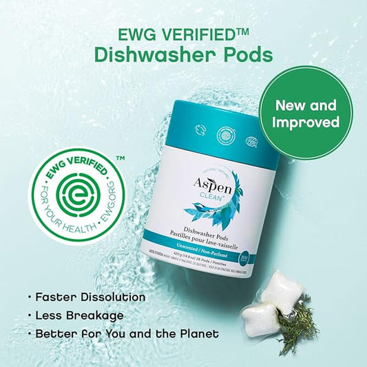 Unscented Dishwasher Pods by AspenClean, Dye-Free, Zero Plastic, EWG Verified™, Vegan, Eco-Friendly, Natural Dishwasher Detergent - 28 Count