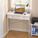 Small Writing Desk for Kids Bedroom, 31.5 Inch White Computer Desk for Small Spaces, Simple Desk with 2 Fabric Drawers for Home Office, Dorm, Living