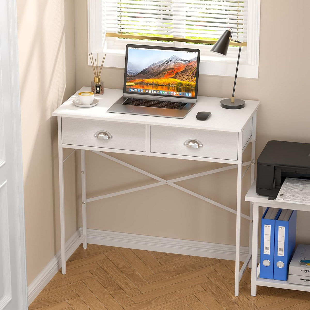 Small Writing Desk for Kids Bedroom, 31.5 Inch White Computer Desk for Small Spaces, Simple Desk with 2 Fabric Drawers for Home Office, Dorm, Living