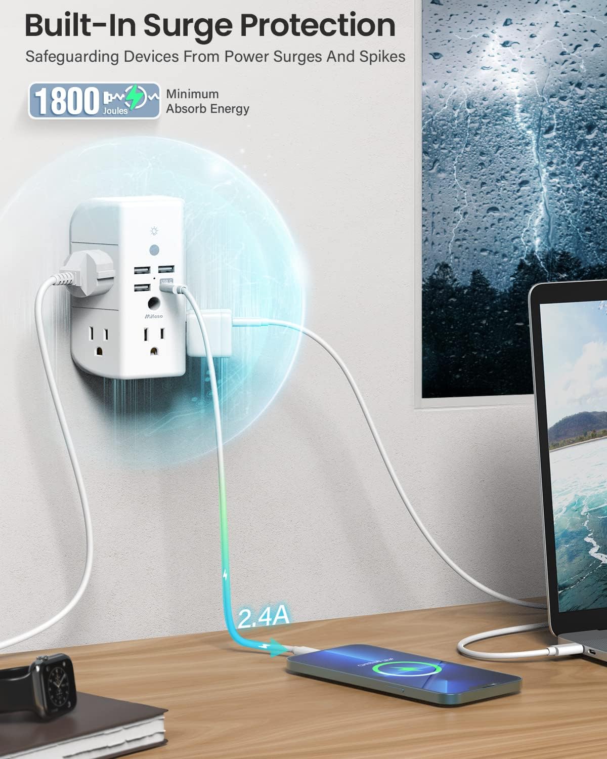 Mifaso 3-Sided Multi Plug Power Strip, Wall Extender with Shelf, Night Light & Surge Protector, USB Wall Charger with 5 AC Wide Space Outlets and 3