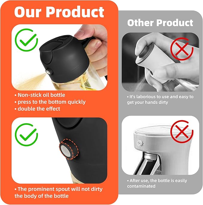 TrendPlain 16oz/470ml Glass Olive Oil Sprayer for Cooking – 2 in 1 Olive Oil Dispenser Bottle for Kitchen Gadgets and Air Fryer Accessories, Salad