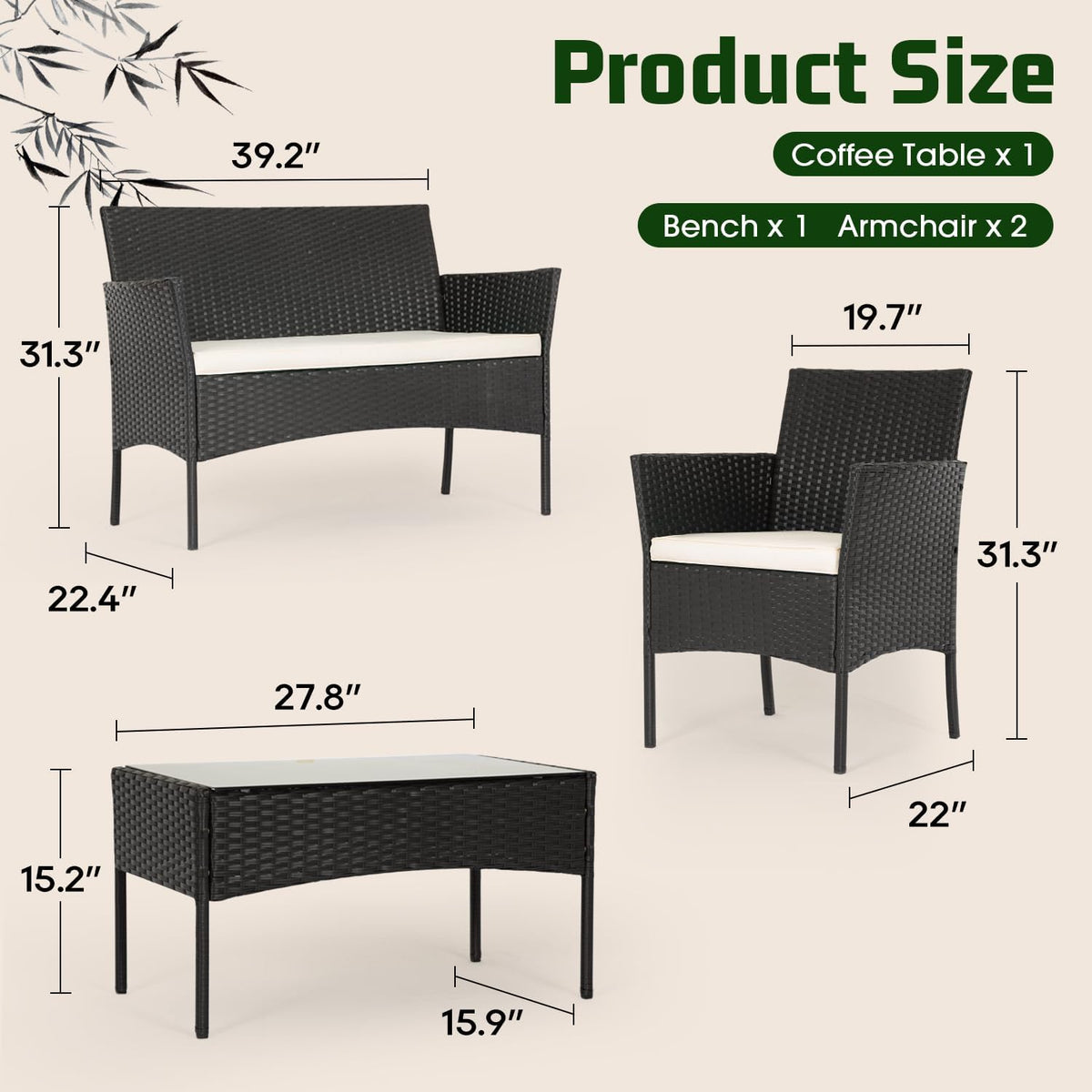 FDW | 4-Piece Patio Furniture Set | Black | Outdoor Wicker Furniture with Coffee Table | Modern Rattan Chairs Conversation Set | Outdoor Seating