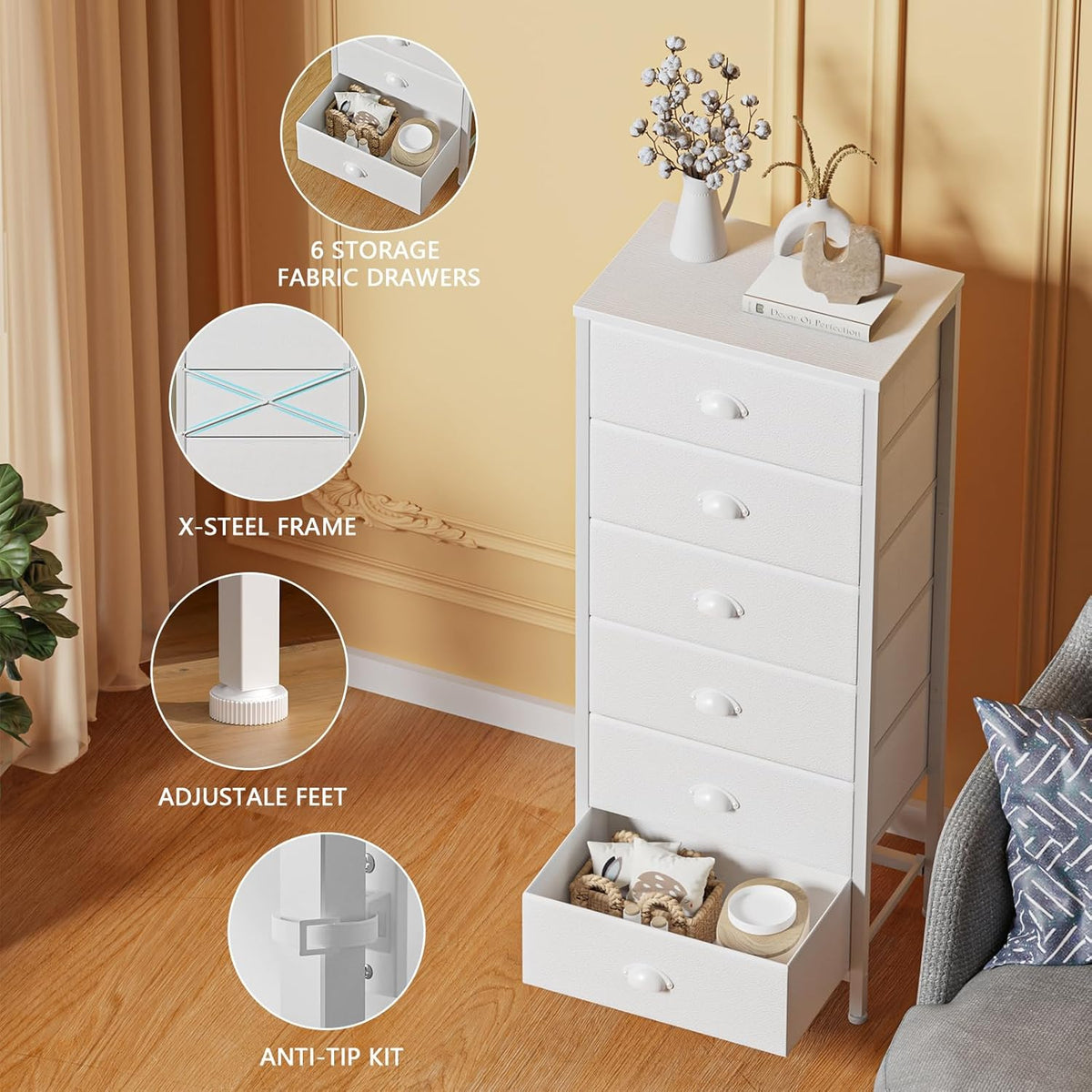 Furnulem White Tall Dresser for Bedroom,Vertical Storage Tower Unit and End Table with 6 Fabric Drawers, Nightstand Furniture with Drawer Organizer