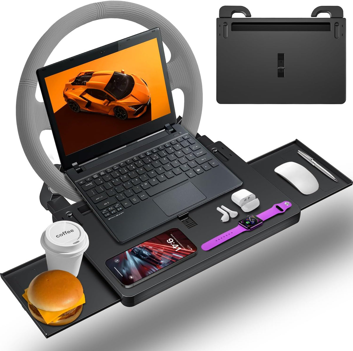 Steering Wheel Tray, Car Food Tray, Car Desk for Laptop, Multipurpose Car Table for Eating & Work, Adjustable Car Tray with Drawer and Anti-Slip