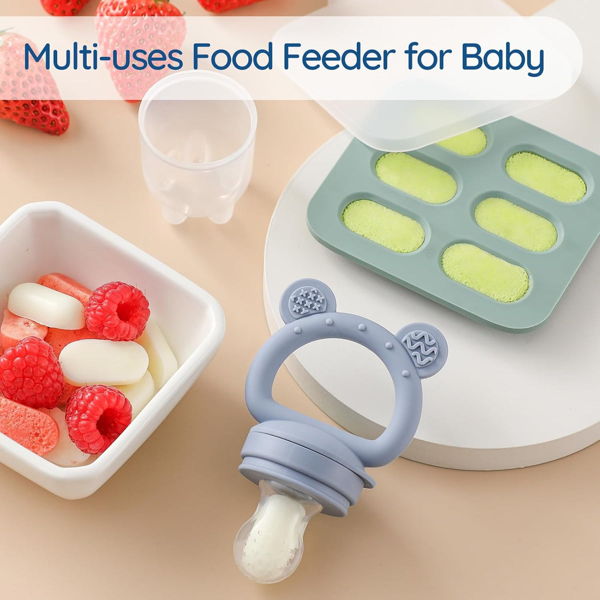 2 Pack Silicone Baby Fruit Feeder with Mini Freezer Tray, Breastmilk Popsicle Molds for Baby Teething Relief, Fresh Food Feeder for Safe Infant Self