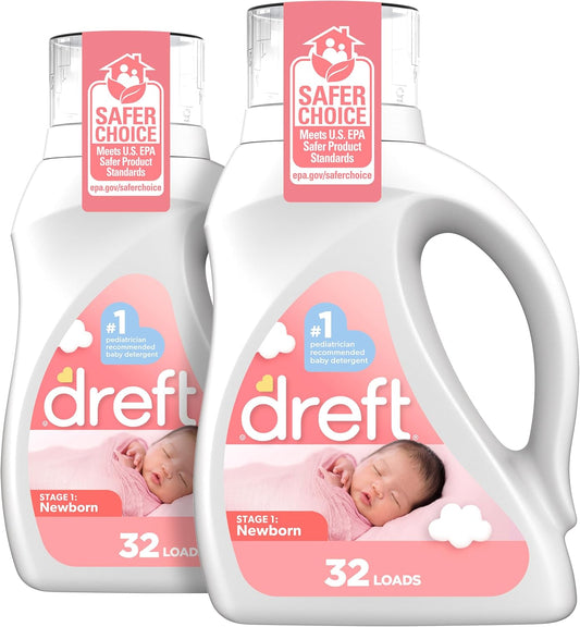 Dreft Newborn Baby Liquid Laundry Detergent, Gentle on Sensitive Skin, HE Compatible, 2 Pack, 32 Loads Each, Baby Laundry Detergent, Newborn