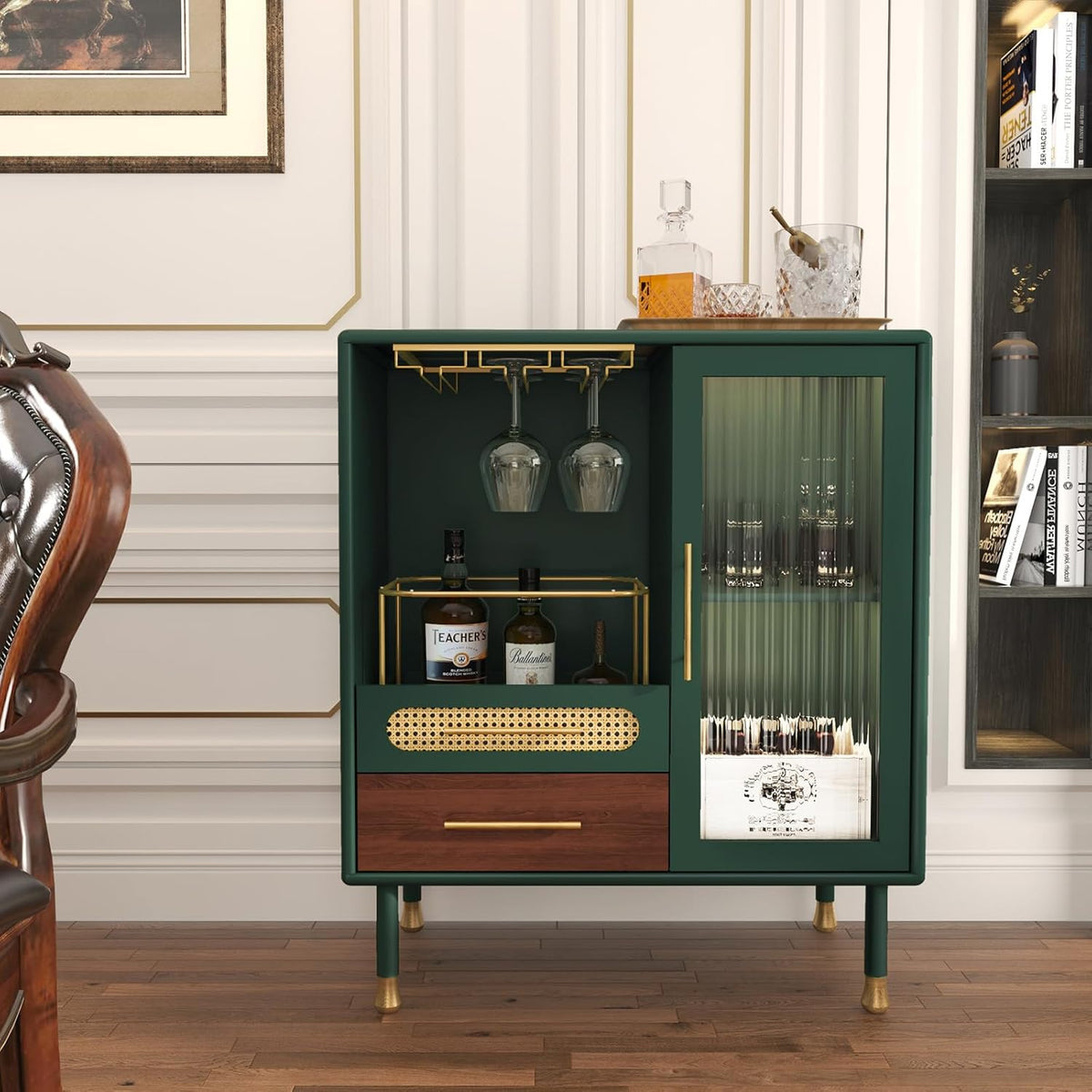 ARTPOWER Modern Coffee Bar Cabinet with Wine Glass Rack and Drawers, Green Liquor Cabinet with Pull-Out Wine Storage for Kitchen, Dining Room, Living