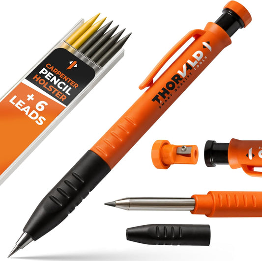 THORVALD New 3-in-1 Carpenter Pencils with Finger Grip for Construction - Incl. 7 Leads + Sharpener - Solid Mechanical Pencils with Fine Point/Best