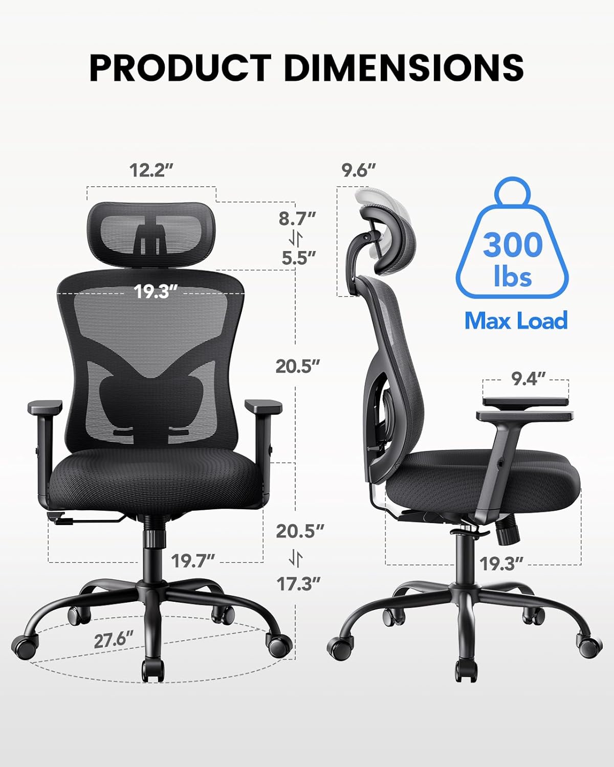 NOBLEWELL Ergonomic Office Chair with Padded Lumbar Support, 2D Headrest, Adjustable Armrests, Upgraded Contoured Seat Cushion, 130° Rocking Tilt