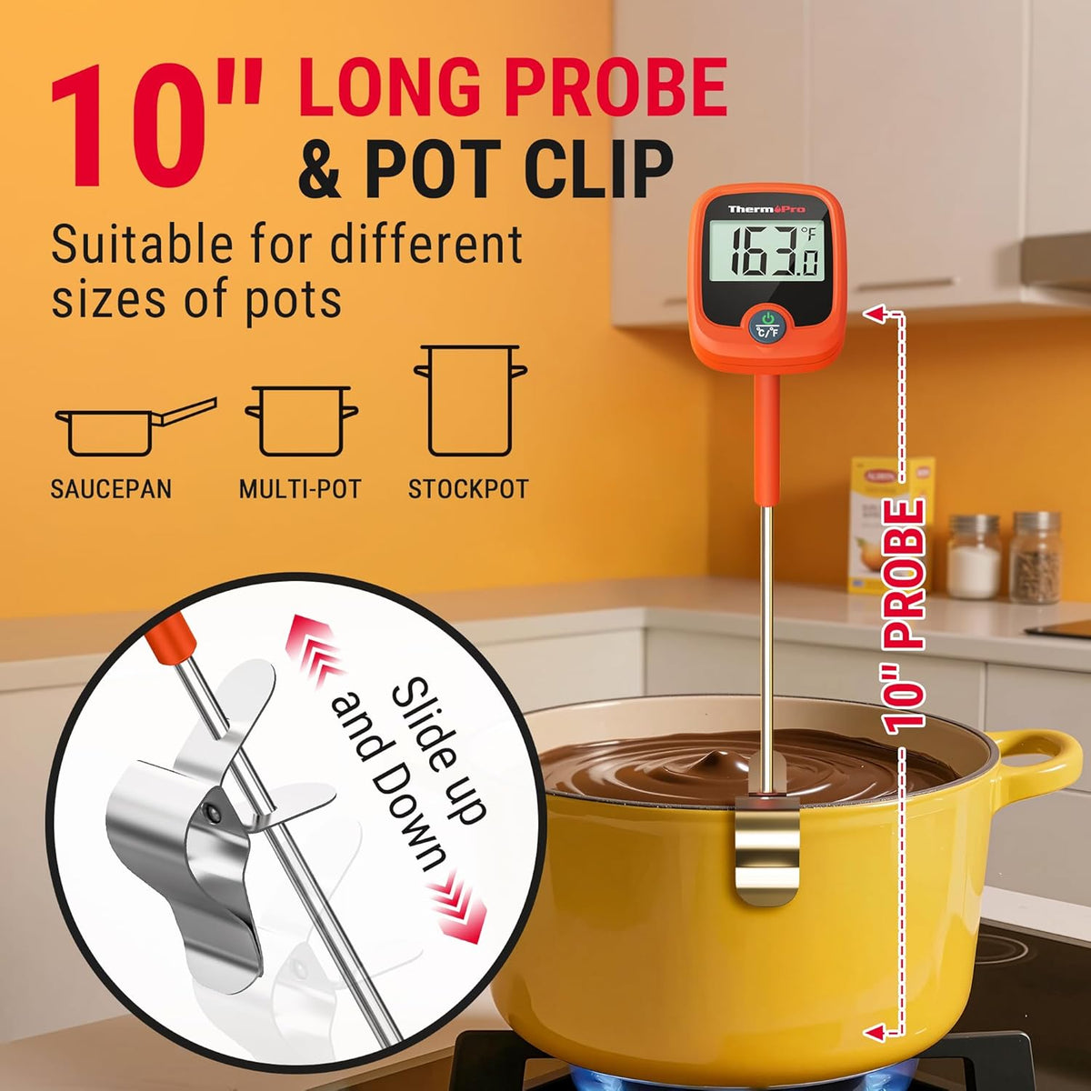 ThermoPro TP509 Candy Thermometer with Pot Clip, 10" Long Probe Instant Read Meat Food Thermometer with LCD, Cooking Oil Thermometer Deep Frying