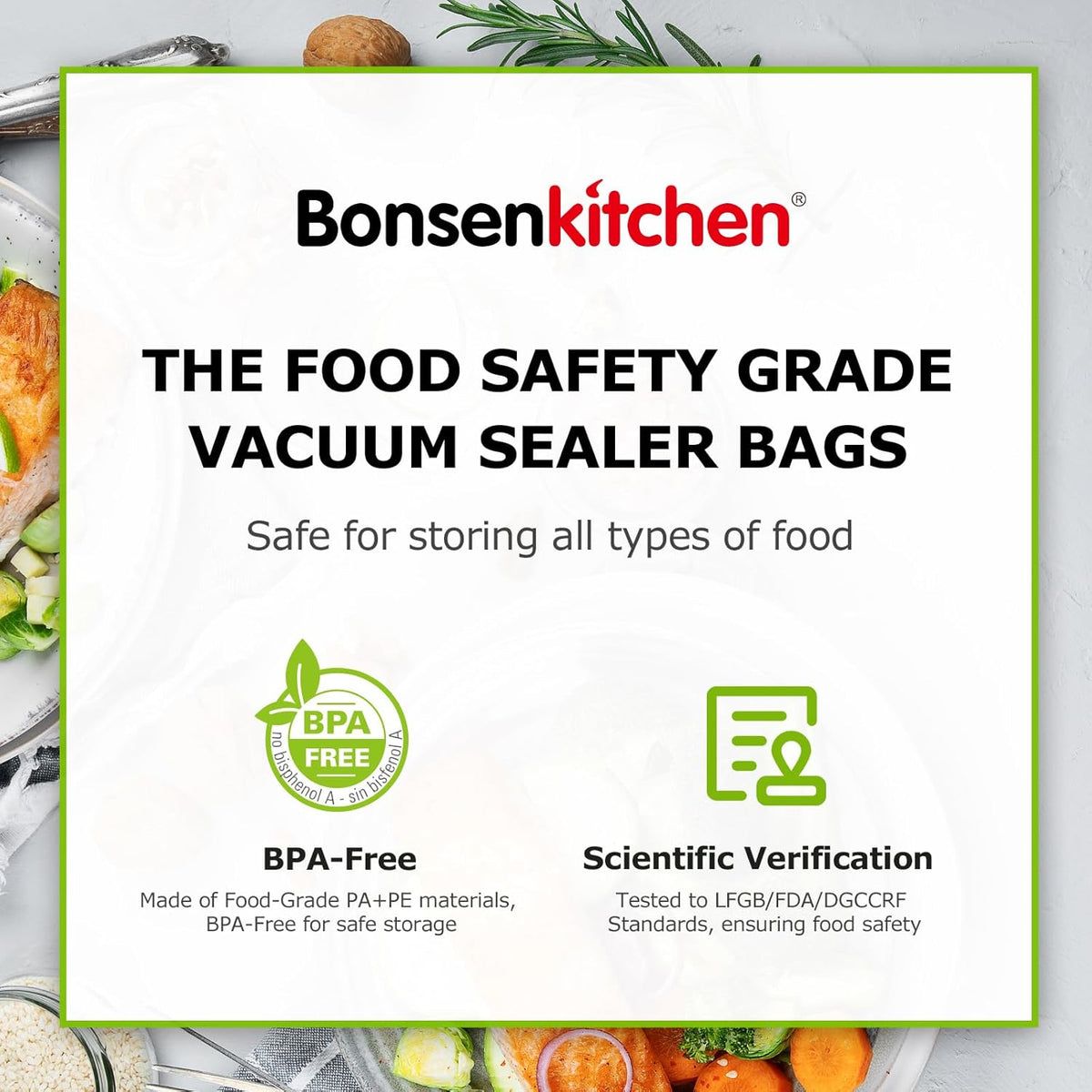 Bonsenkitchen Vacuum Sealer Rolls Bags, 6 Pack 3 Rolls 11" x 20' + 3 Rolls 8" x 20' Commercial Grade BPA Free Bag Rolls, Durable Customized Size Food