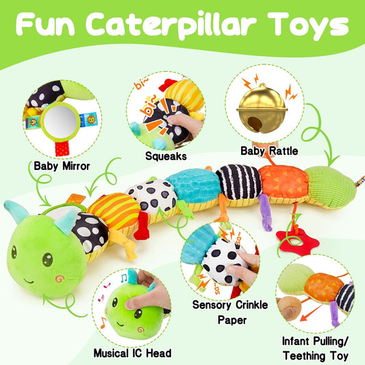 Baby Sensory Toy 0-6 Month Music Animal Stuffed Plush Caterpillar Toy for Infant 0-3-6-12 Month Old Tummy Time with Baby Mirror Crinkle Rattle