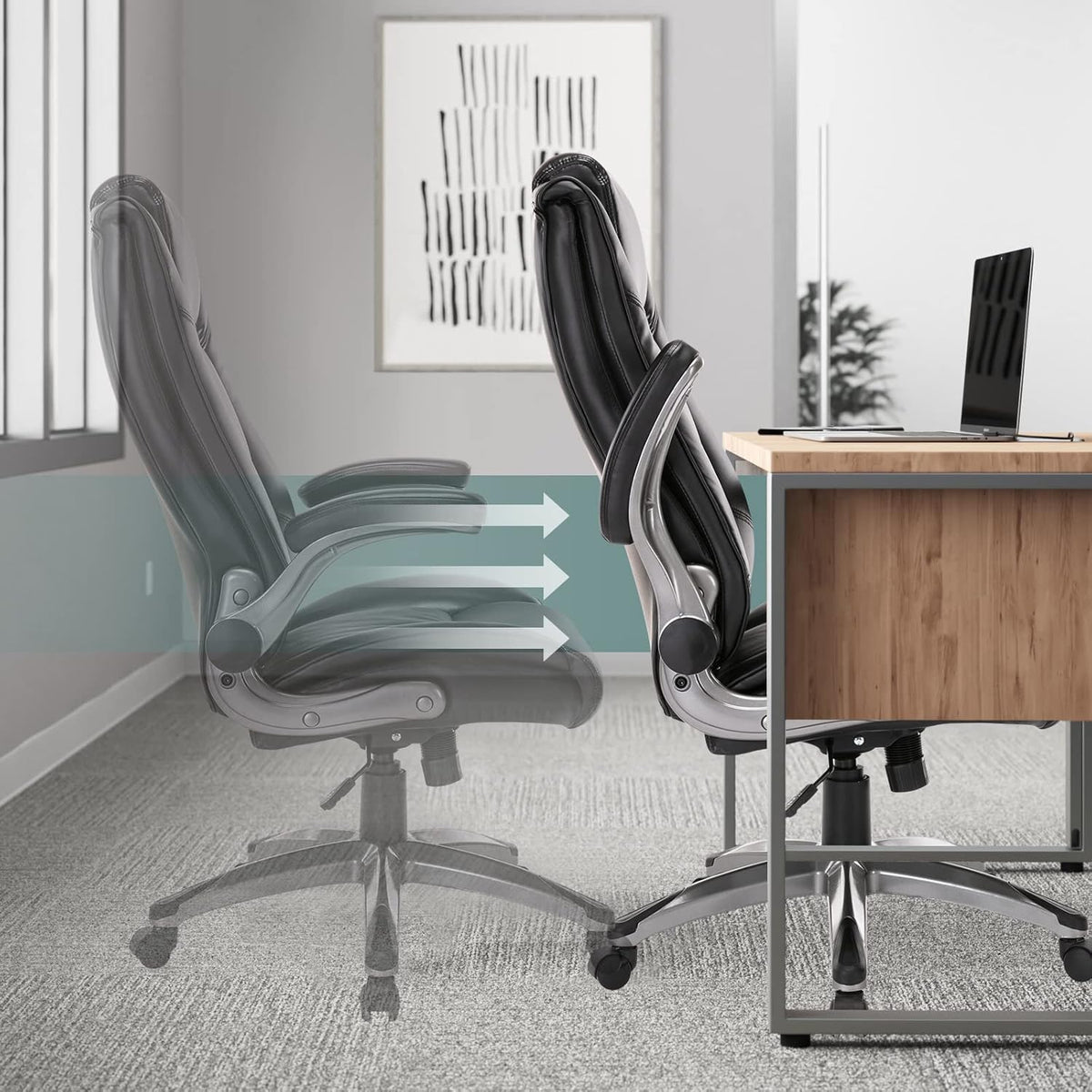 COLAMY Leather Executive Office Chair - High Back Home Computer Desk Chair with Padded Flip-up Arms, Adjustable Tilt Lock, Swivel Rolling Ergonomic