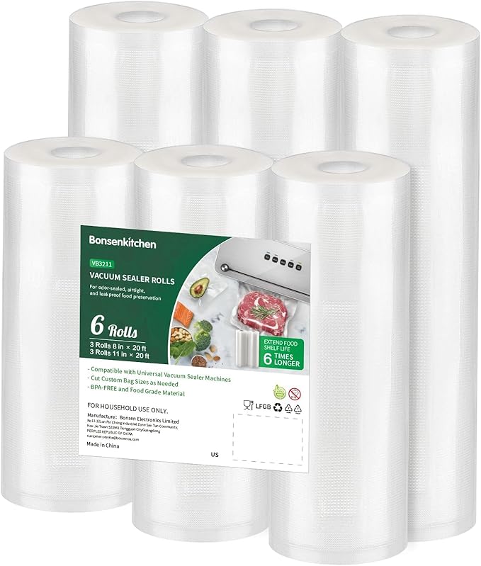 Bonsenkitchen Vacuum Sealer Rolls Bags, 6 Pack 3 Rolls 11" x 20' + 3 Rolls 8" x 20' Commercial Grade BPA Free Bag Rolls, Durable Customized Size Food
