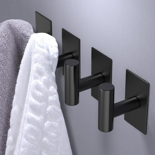 VAEHOLD Wall Towel Hooks, Heavy Duty Sticky Holder Waterproof Towel Hooks for Hanging Coat, Clothes, Closet Hook Wall Mount for Kitchen (Black, 2
