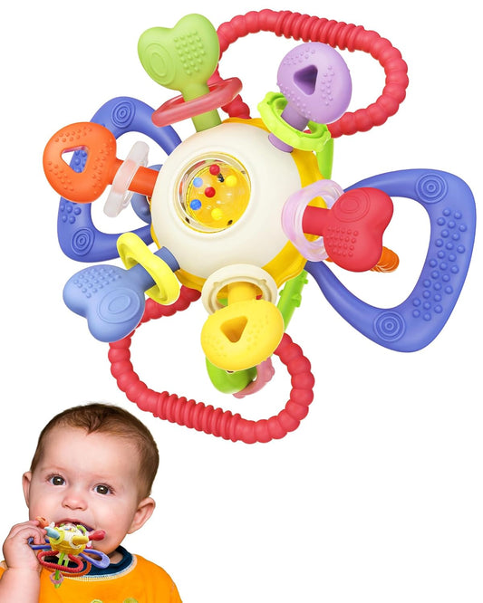Baby Montessori Sensory Teething Toy – Safe, Multi-Functional BPA-Free Silicone Teether Toy for Babies 0-12 Months – Vibrant Rattle for Teething